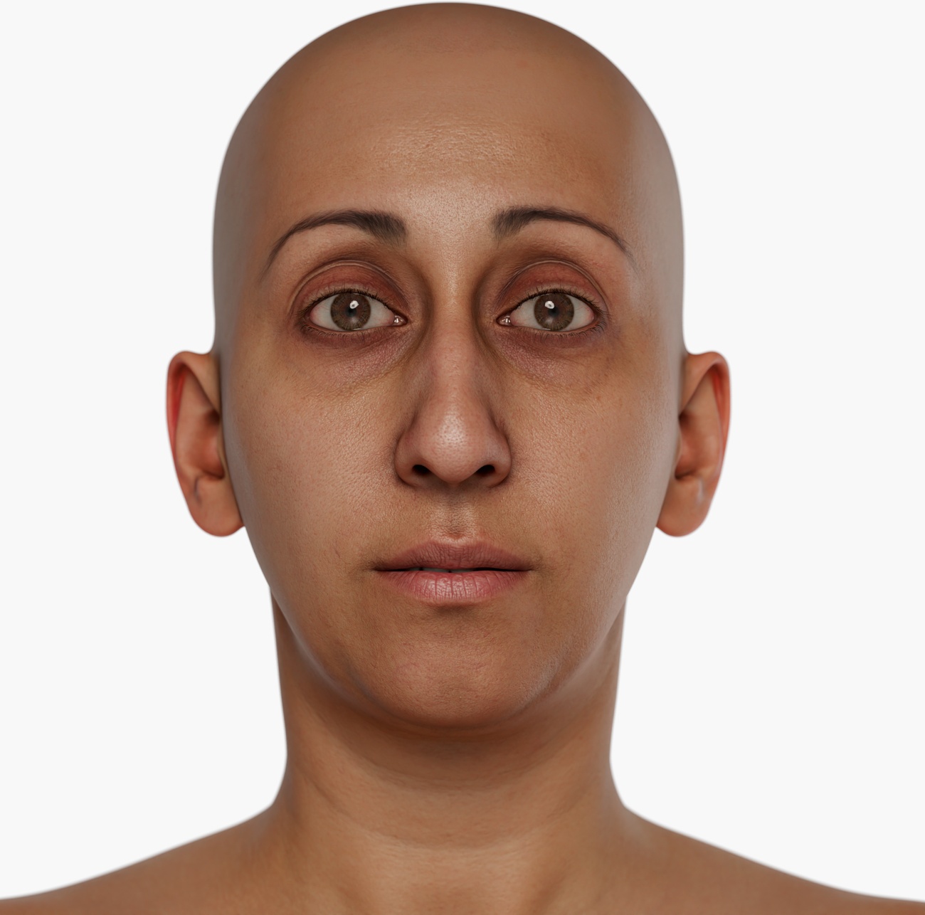 High-resolution 3D head scan render of an average-build female with warm skin tone and smooth facial detail
